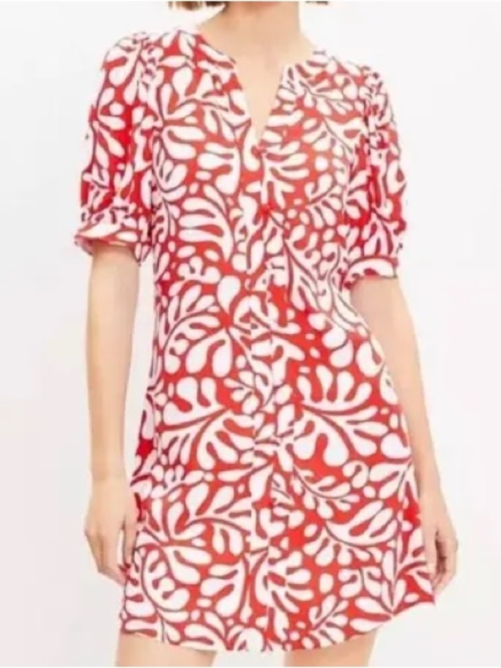LOFT Rio Floral Balloon Sleeve Button Swing Dress Red viscose mini XL